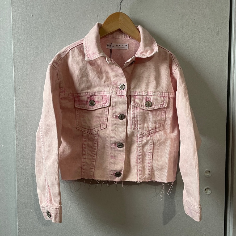 NWT Zara Girls Pink Cropped Jean Jacket Size 8